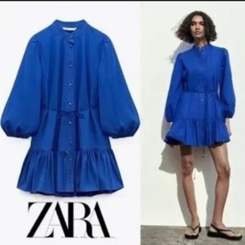 NWT Zara ruffled Button down Royal Blue Dress